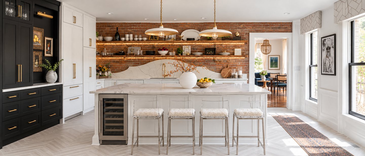 The kitchen after: a marble island with four clear stools under two brass pendants, oak shelves lit on the brick wall, black cabinetry with brass pulls and a pale herringbone floor.
